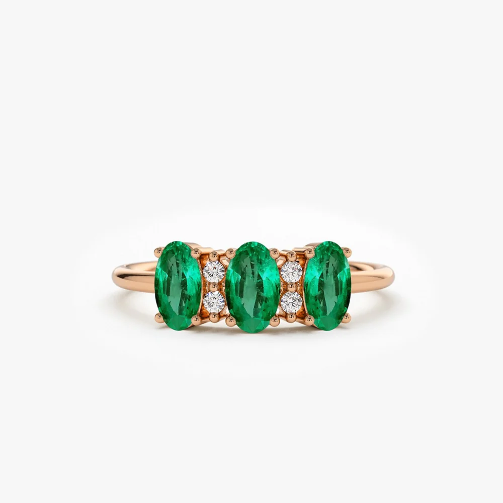 14k Triple Oval Emerald Diamond Ring - Image 5