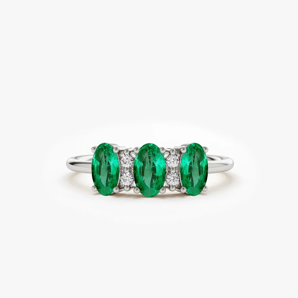 14k Triple Oval Emerald Diamond Ring - Image 6