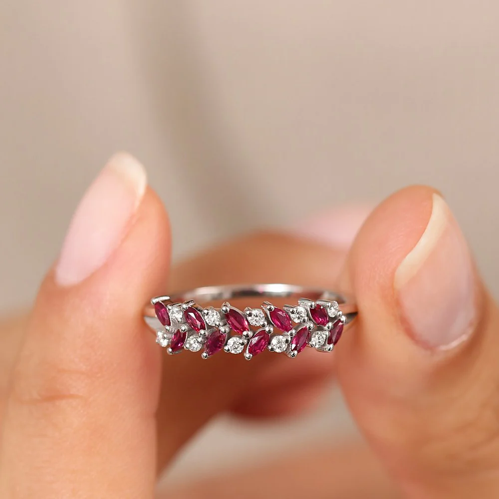 14k Two Rows Marquise Cut Natural Ruby  and Diamond Ring - Image 2