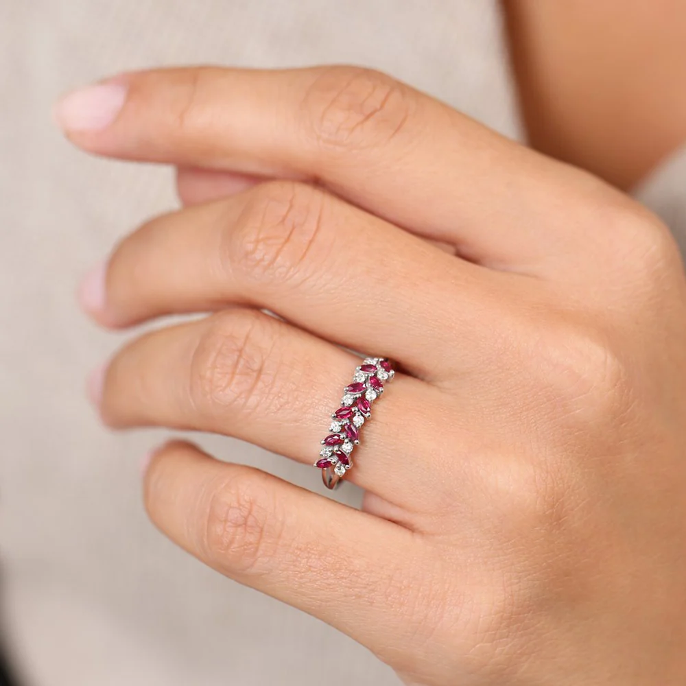 14k Two Rows Marquise Cut Natural Ruby  and Diamond Ring - Image 3