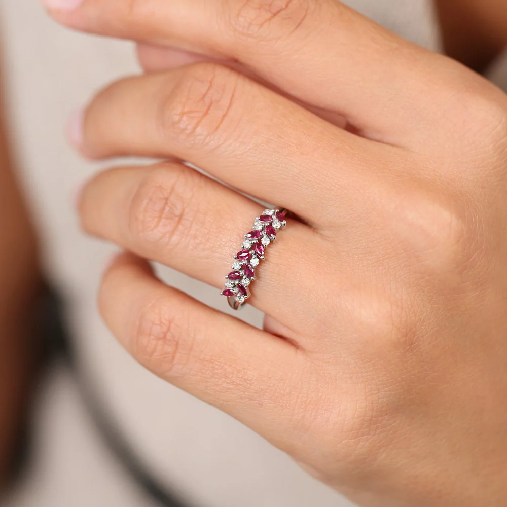 14k Two Rows Marquise Cut Natural Ruby  and Diamond Ring - Image 4