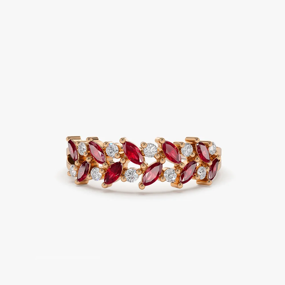 14k Two Rows Marquise Cut Natural Ruby  and Diamond Ring - Image 5