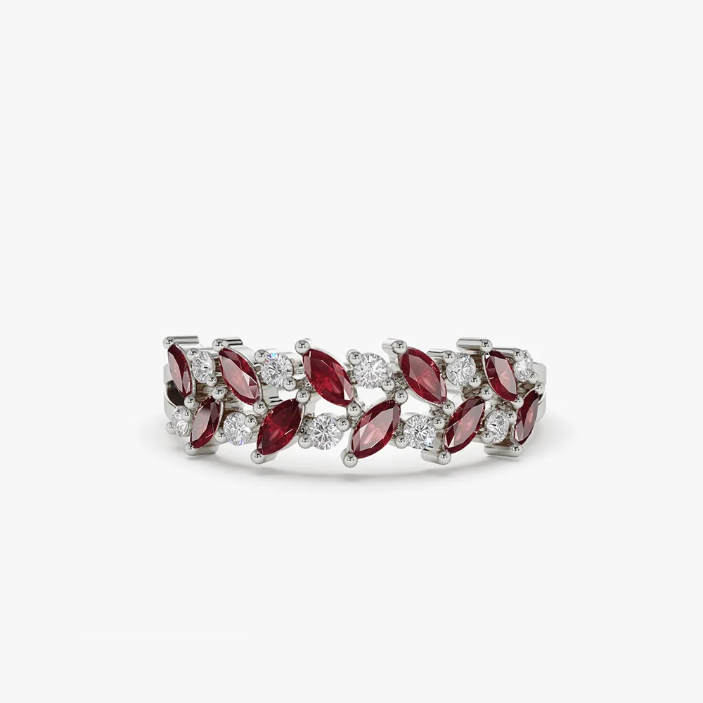 14k Two Rows Marquise Cut Natural Ruby  and Diamond Ring - Image 6