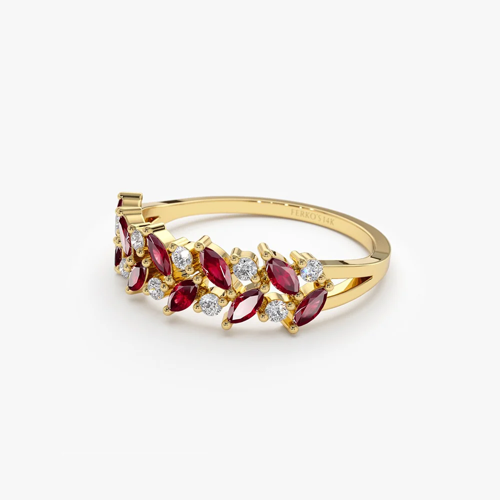 14k Two Rows Marquise Cut Natural Ruby  and Diamond Ring - Image 7