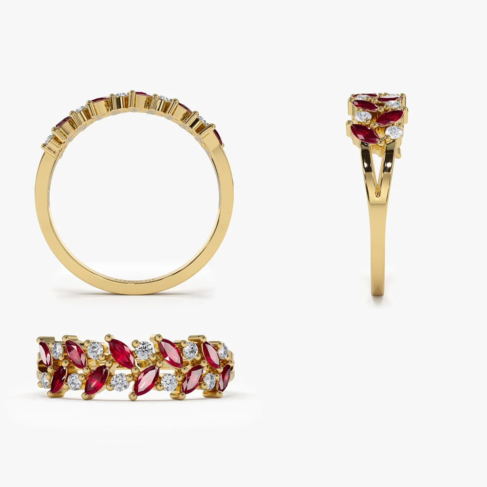 14k Two Rows Marquise Cut Natural Ruby  and Diamond Ring - Image 8