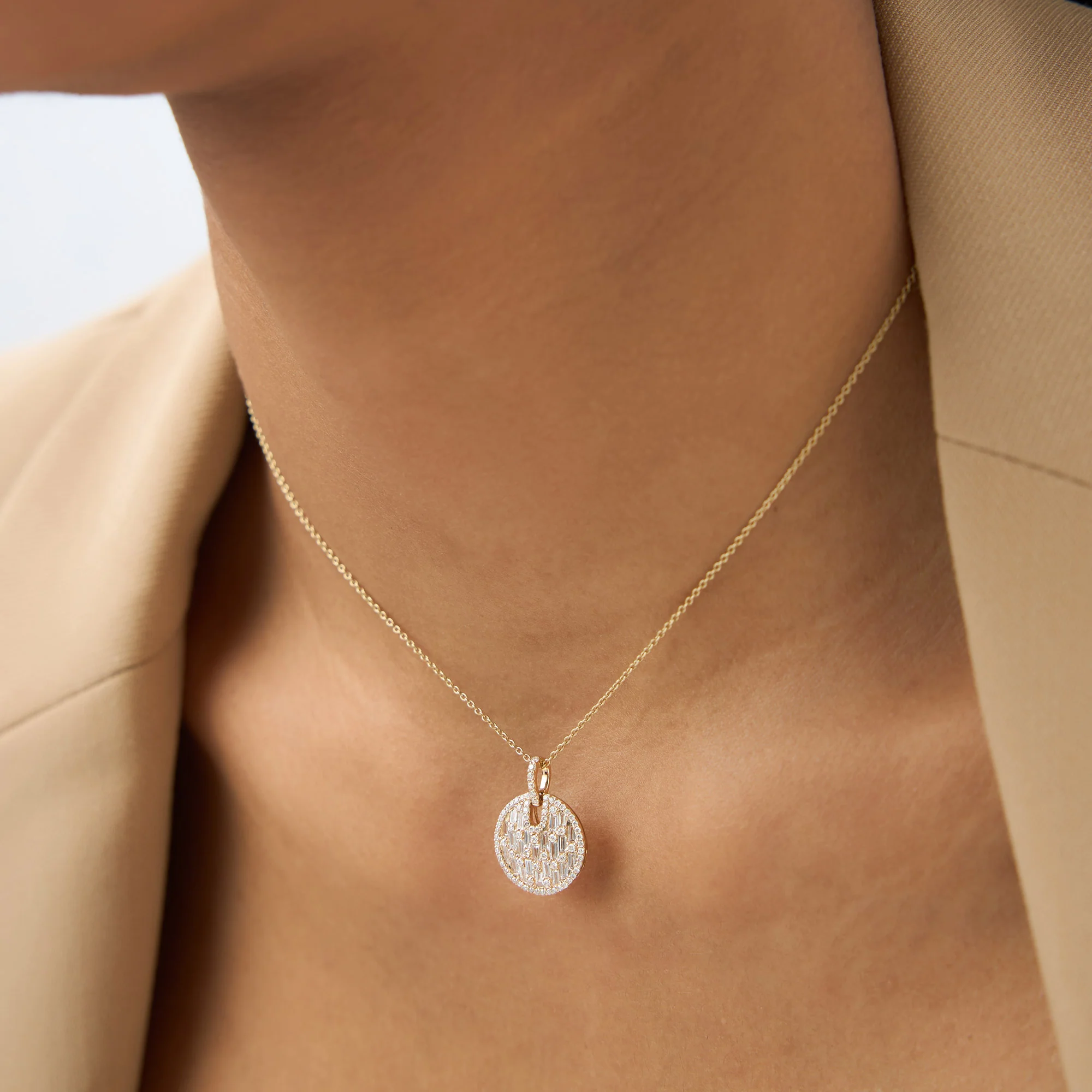 14k Unique Baguette and Round Diamond Disc Necklace - Image 5