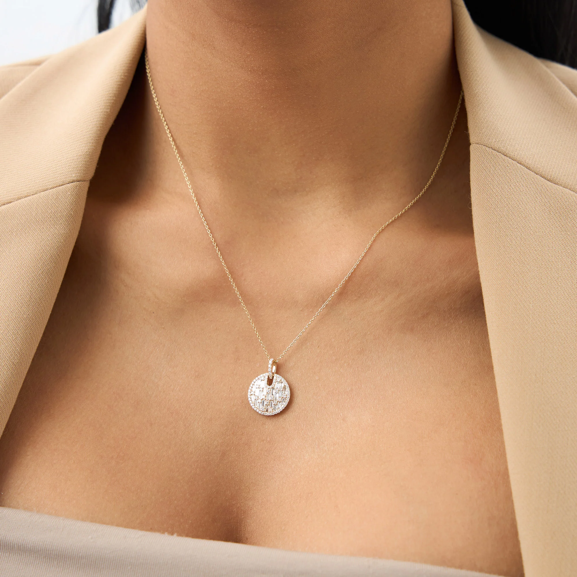 14k Unique Baguette and Round Diamond Disc Necklace - Image 7