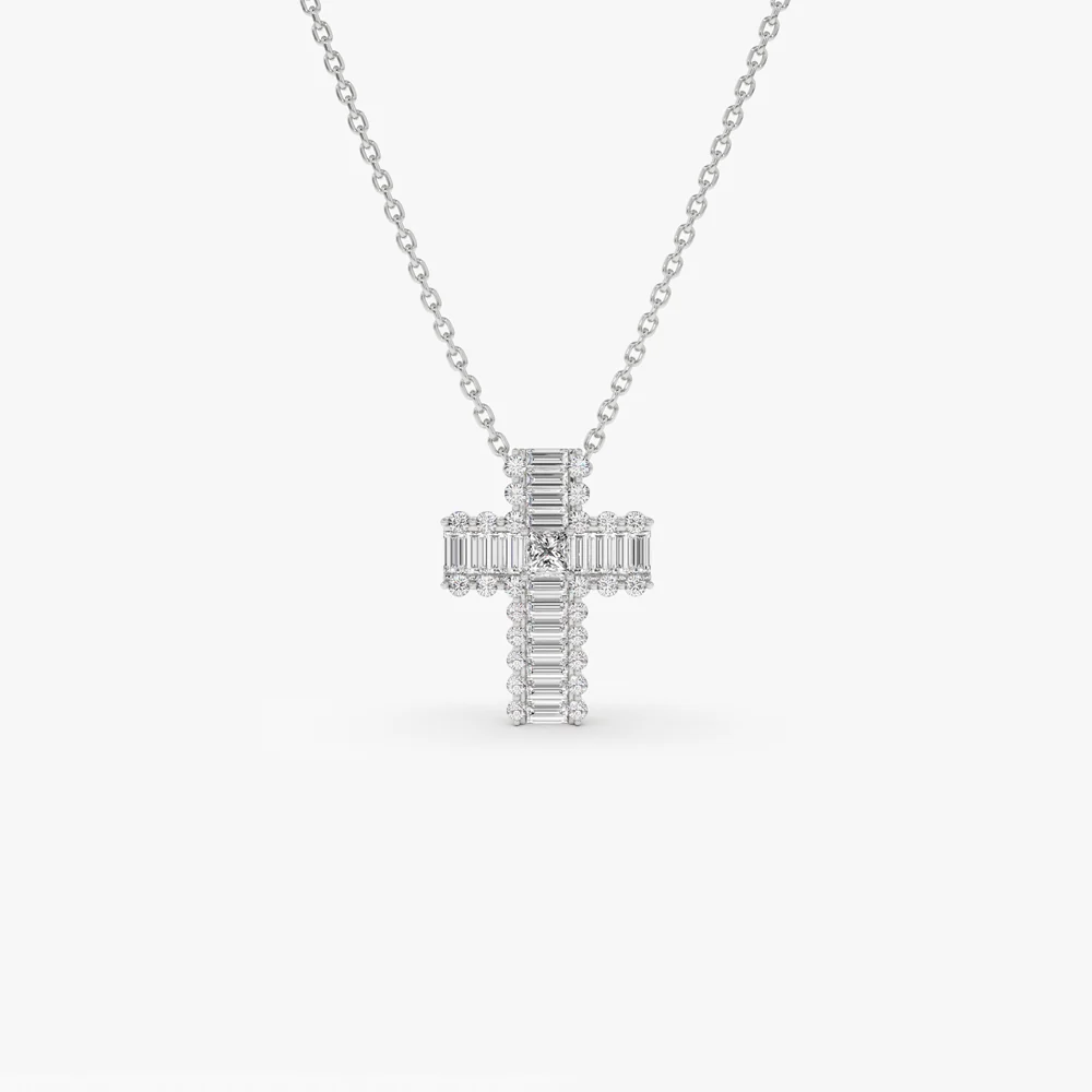14k Unique Cross with Baguettes and Round Diamonds - Image 7
