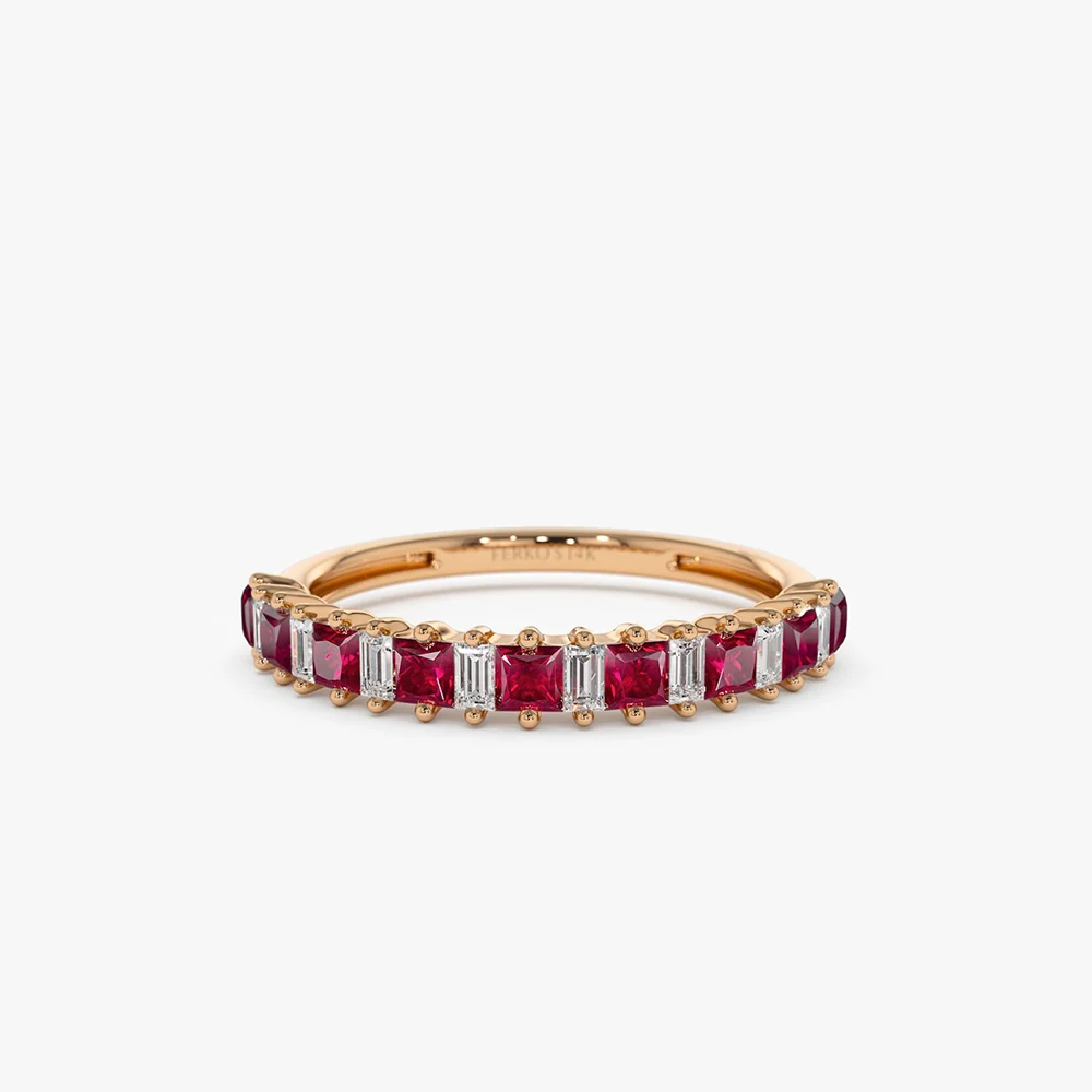 14k Unique Princess Cut Ruby and Baguette Diamond Ring - Image 6
