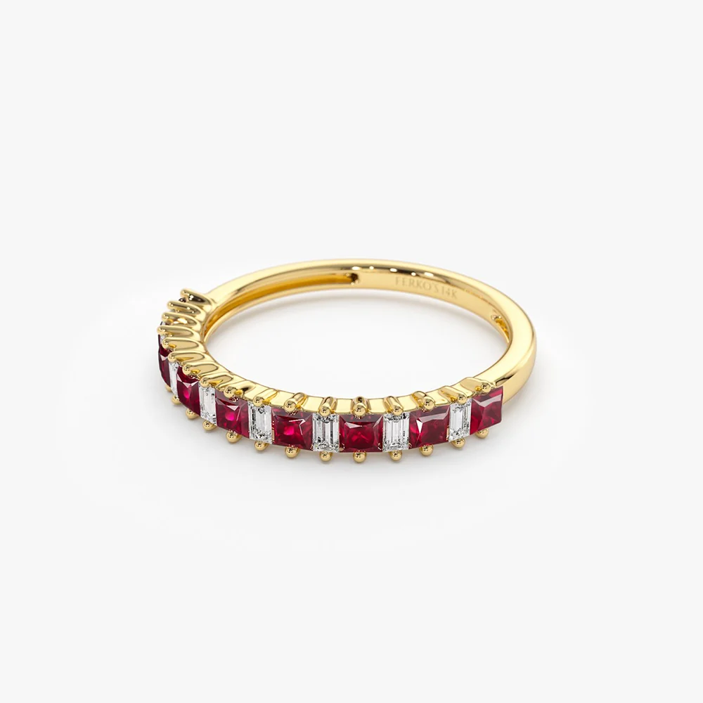 14k Unique Princess Cut Ruby and Baguette Diamond Ring - Image 8