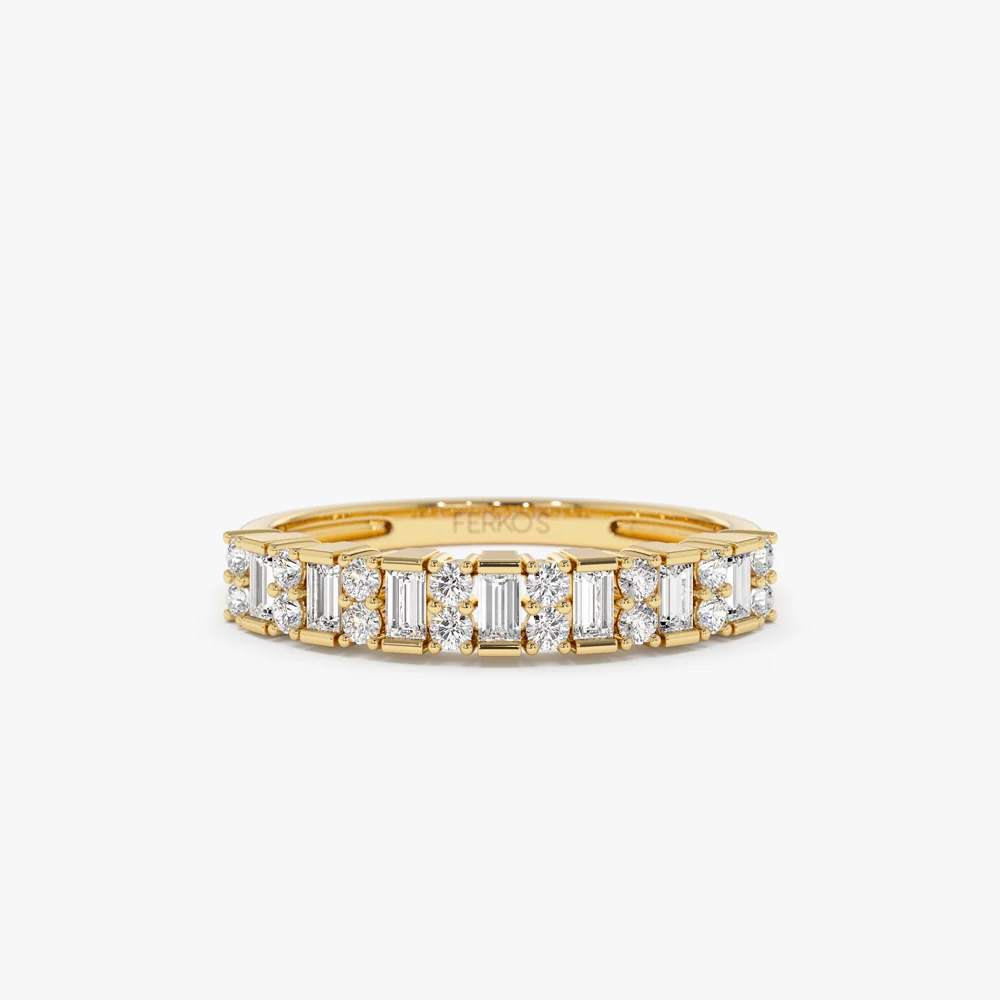 14k Vertical Baguette and Round Diamond Wedding Band