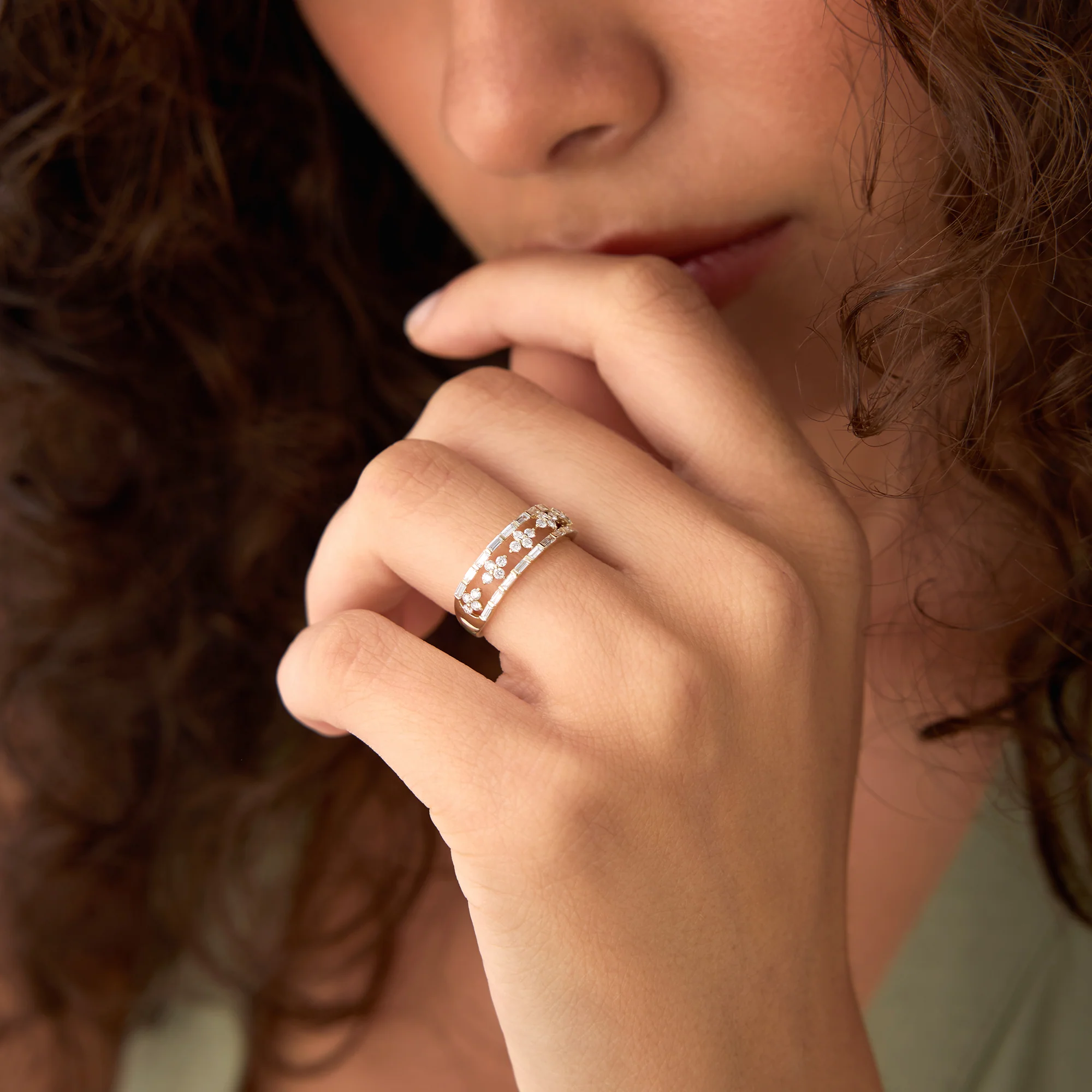 14k Wide Band Ring with Baguette and Round Diamond Cluster Accents - Image 3