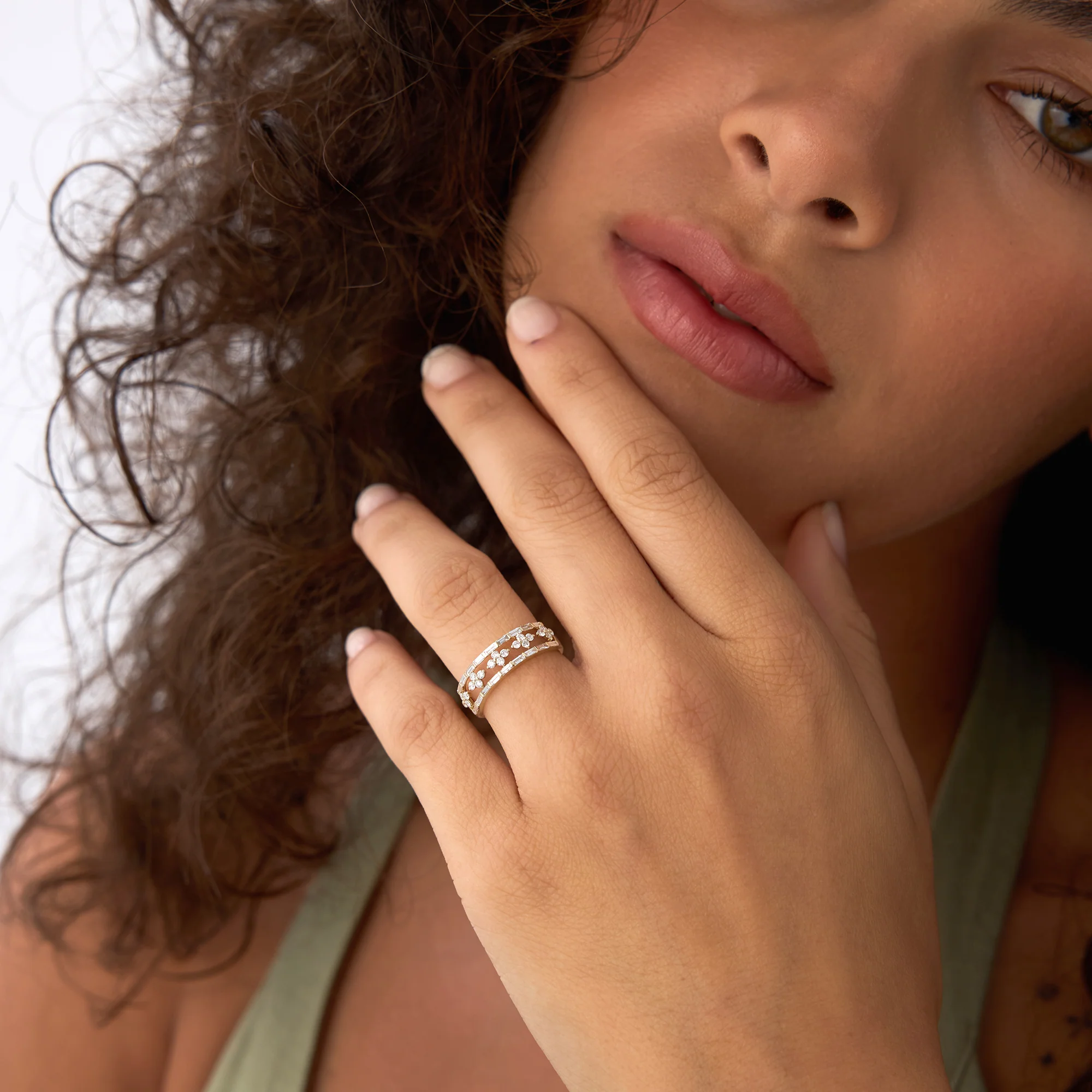 14k Wide Band Ring with Baguette and Round Diamond Cluster Accents - Image 4
