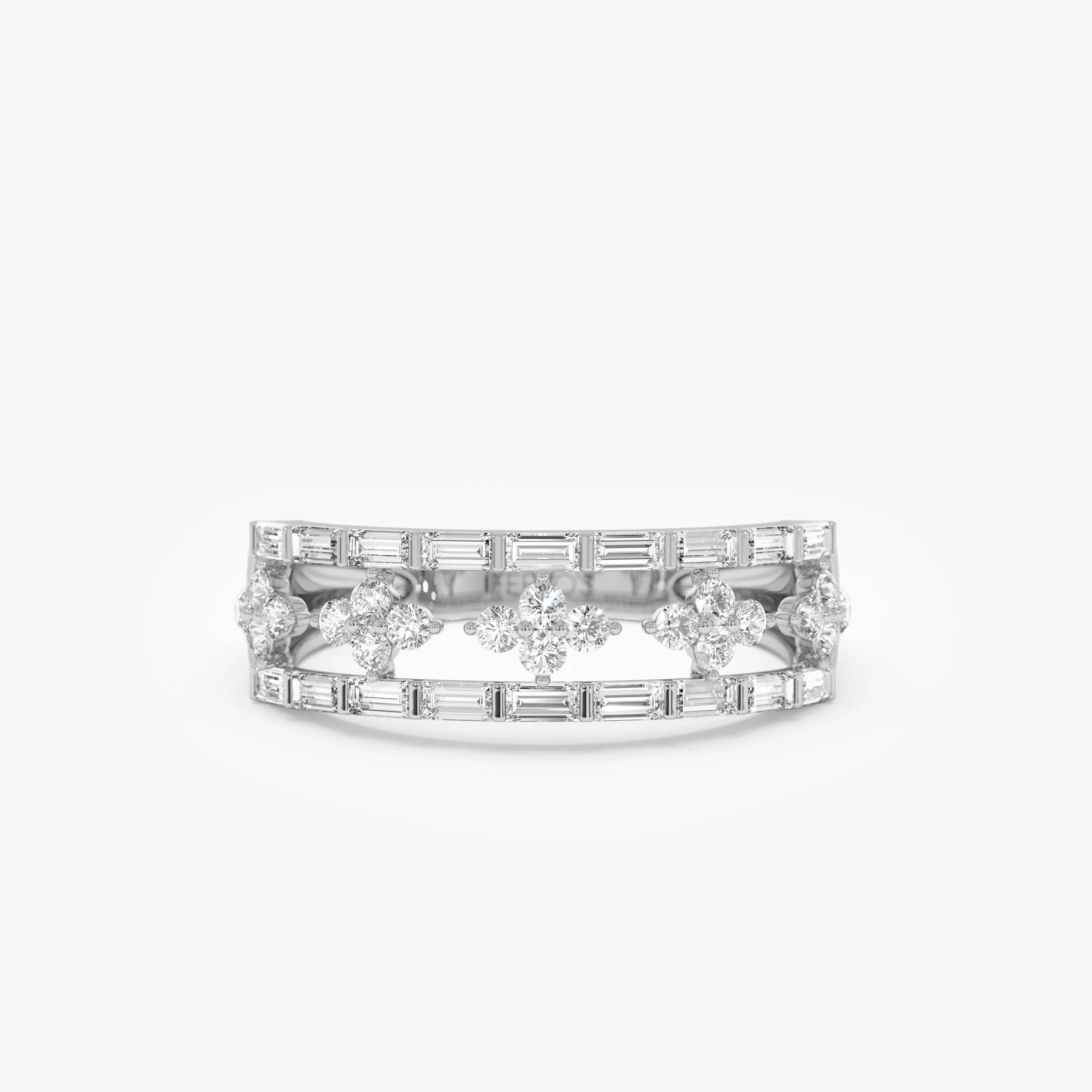14k Wide Band Ring with Baguette and Round Diamond Cluster Accents - Image 6