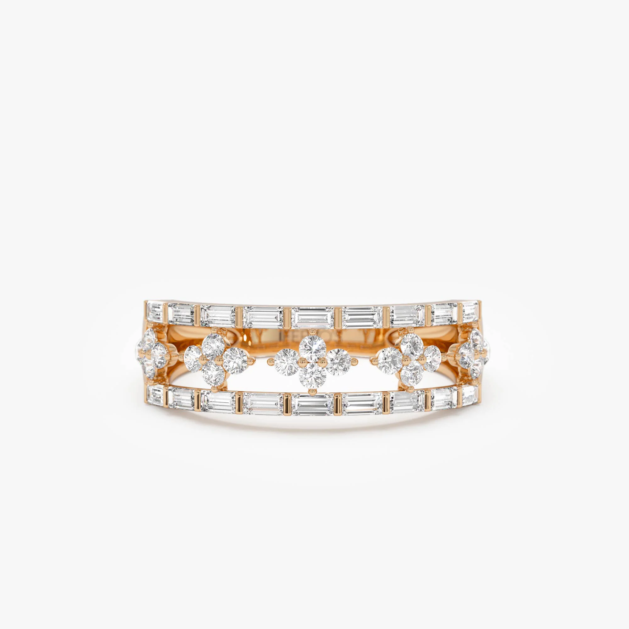 14k Wide Band Ring with Baguette and Round Diamond Cluster Accents - Image 7
