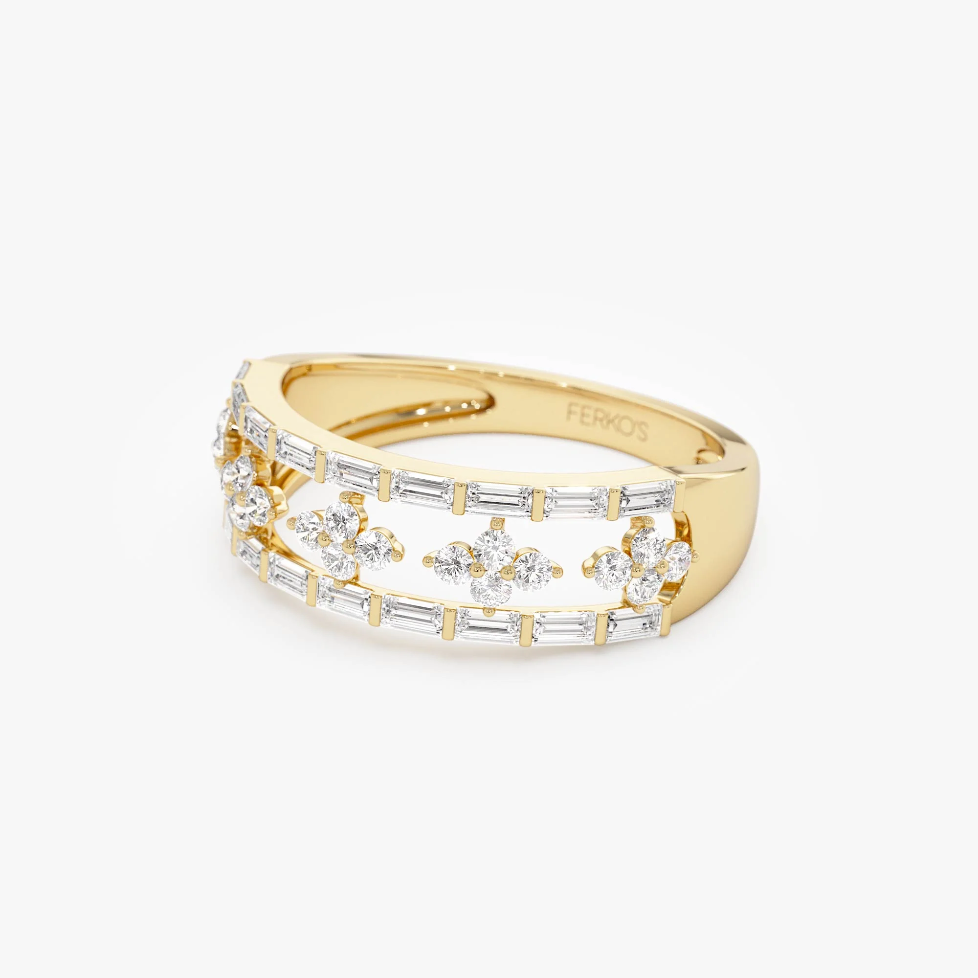 14k Wide Band Ring with Baguette and Round Diamond Cluster Accents - Image 8