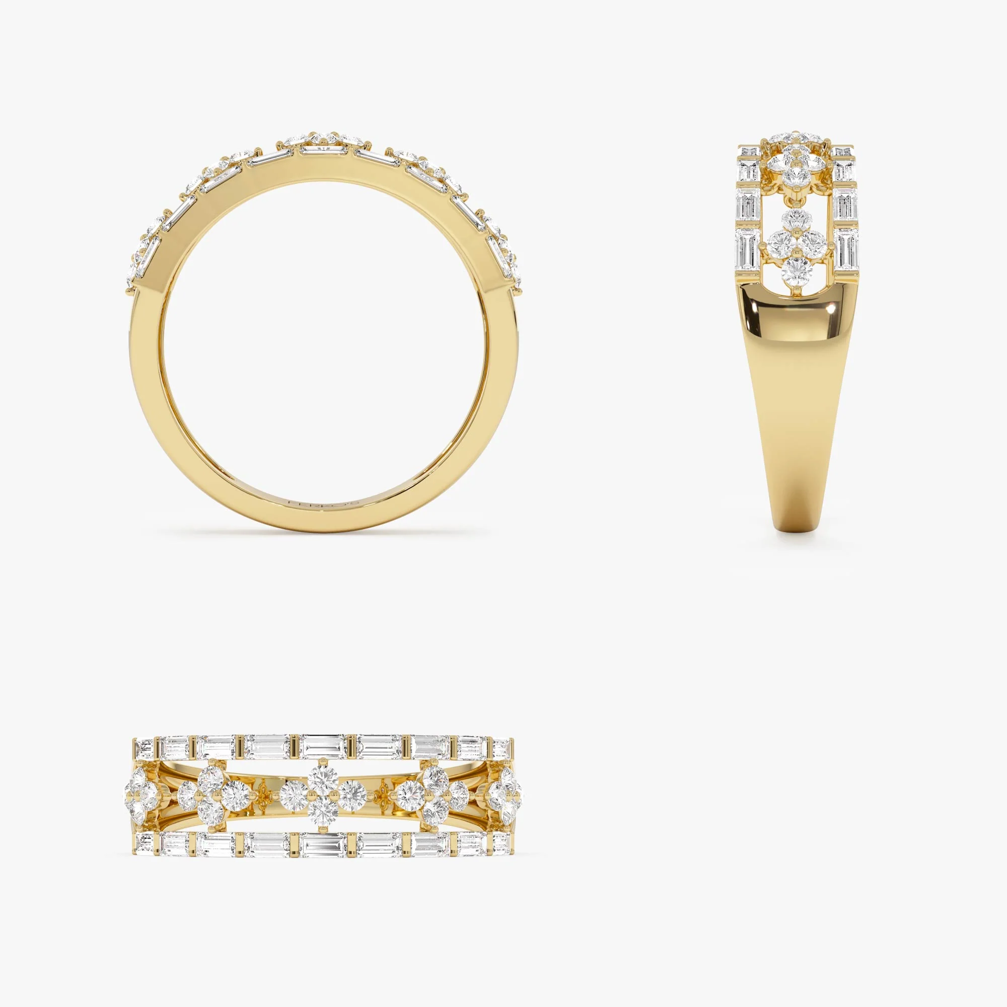 14k Wide Band Ring with Baguette and Round Diamond Cluster Accents - Image 9