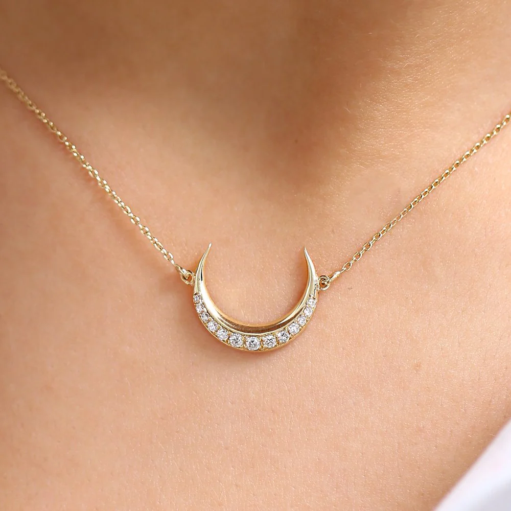 14K Gold Diamond Crescent Moon Necklace - Image 2