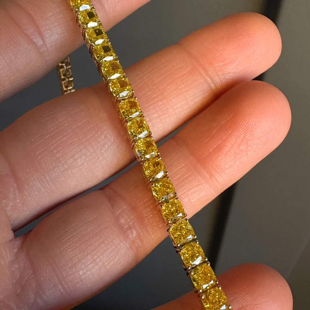 17.50 ctw 14k Lab Grown Cushion Cut Fancy Vivid Yellow Diamond Tennis Bracelet - Paige - Image 4