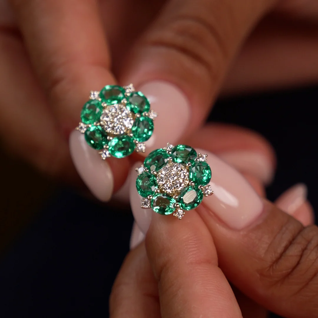 4.70 Ctw 14k Lab Grown Emerald and Diamond Cluster Stud Earrings - Brina - Image 4