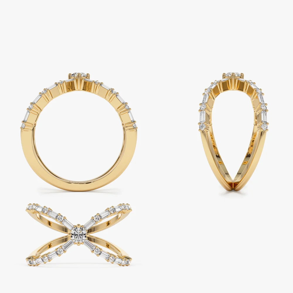 Baguette & Round Diamond Crisscross Ring in 14k Gold - Image 10