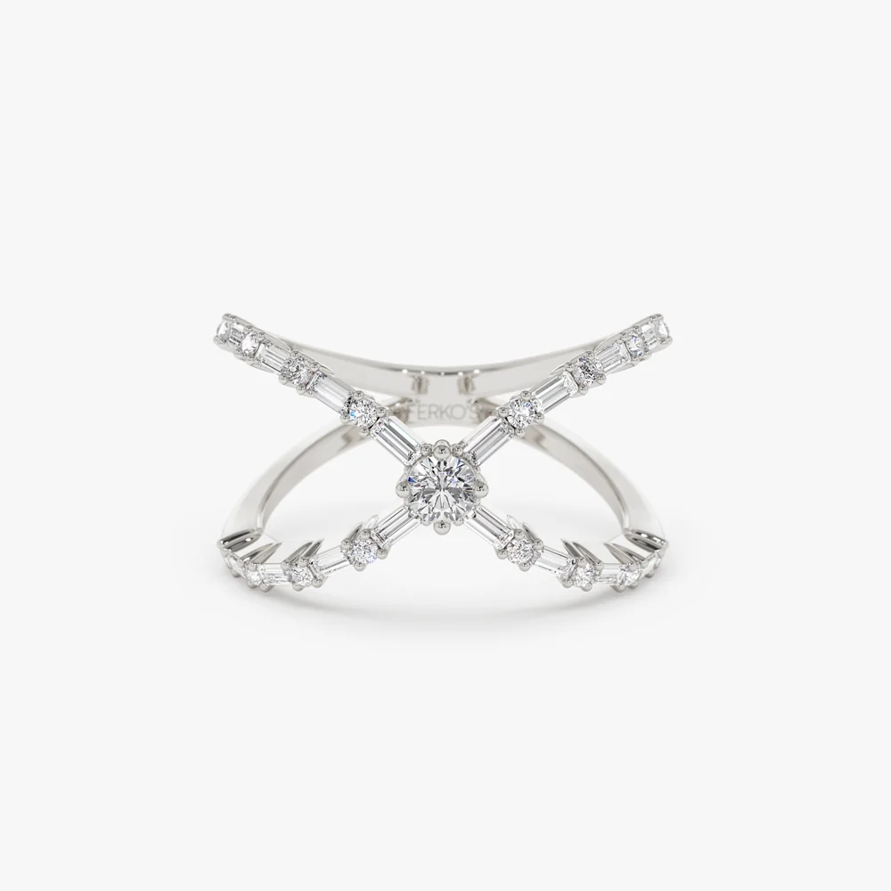Baguette & Round Diamond Crisscross Ring in 14k Gold - Image 8