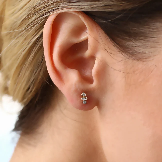 14K Gold Baguette and Round Cut Mix Diamond Earrings - Image 2