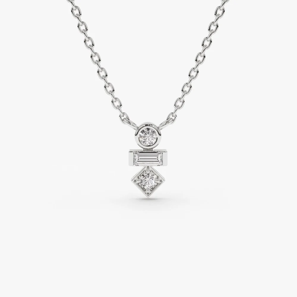 14K Gold Baguette and Round Cut Diamond Necklace - Image 7