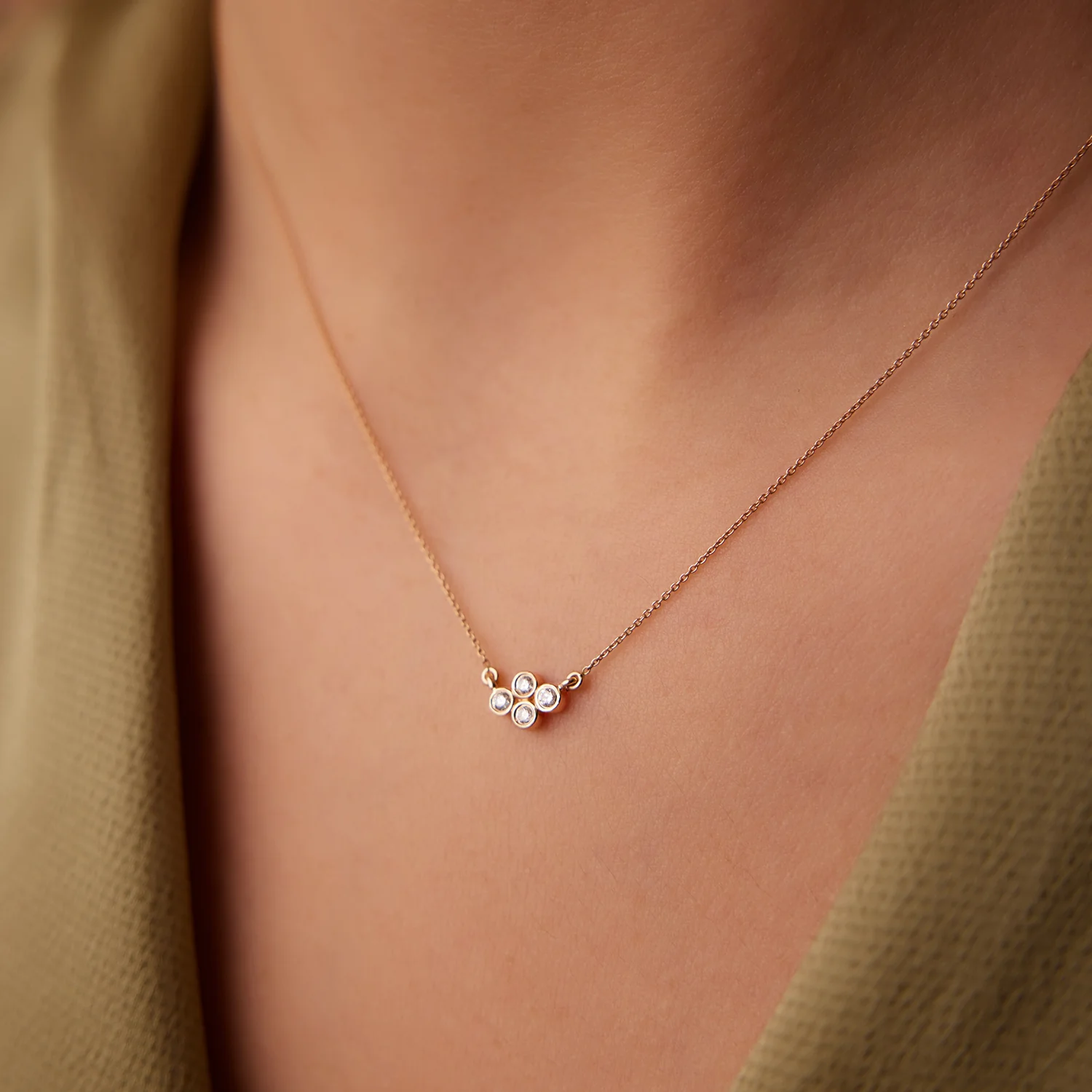 14K Gold Four Stone Diamond Cluster Necklace - Image 3