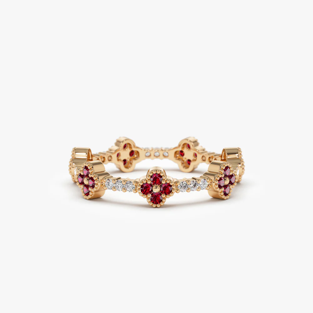 Full Eternity Clover Ruby and Diamond Ring in 14k Gold - Image 7