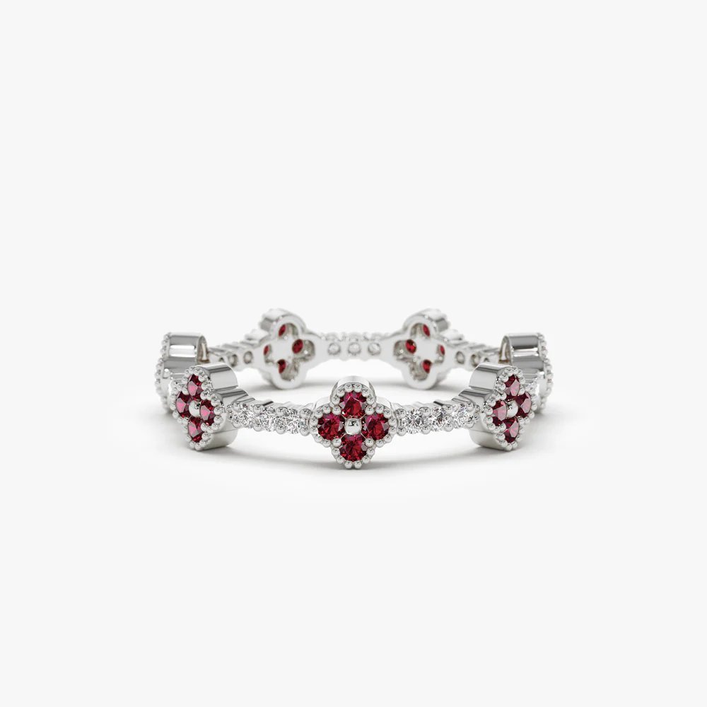 Full Eternity Clover Ruby and Diamond Ring in 14k Gold - Image 8