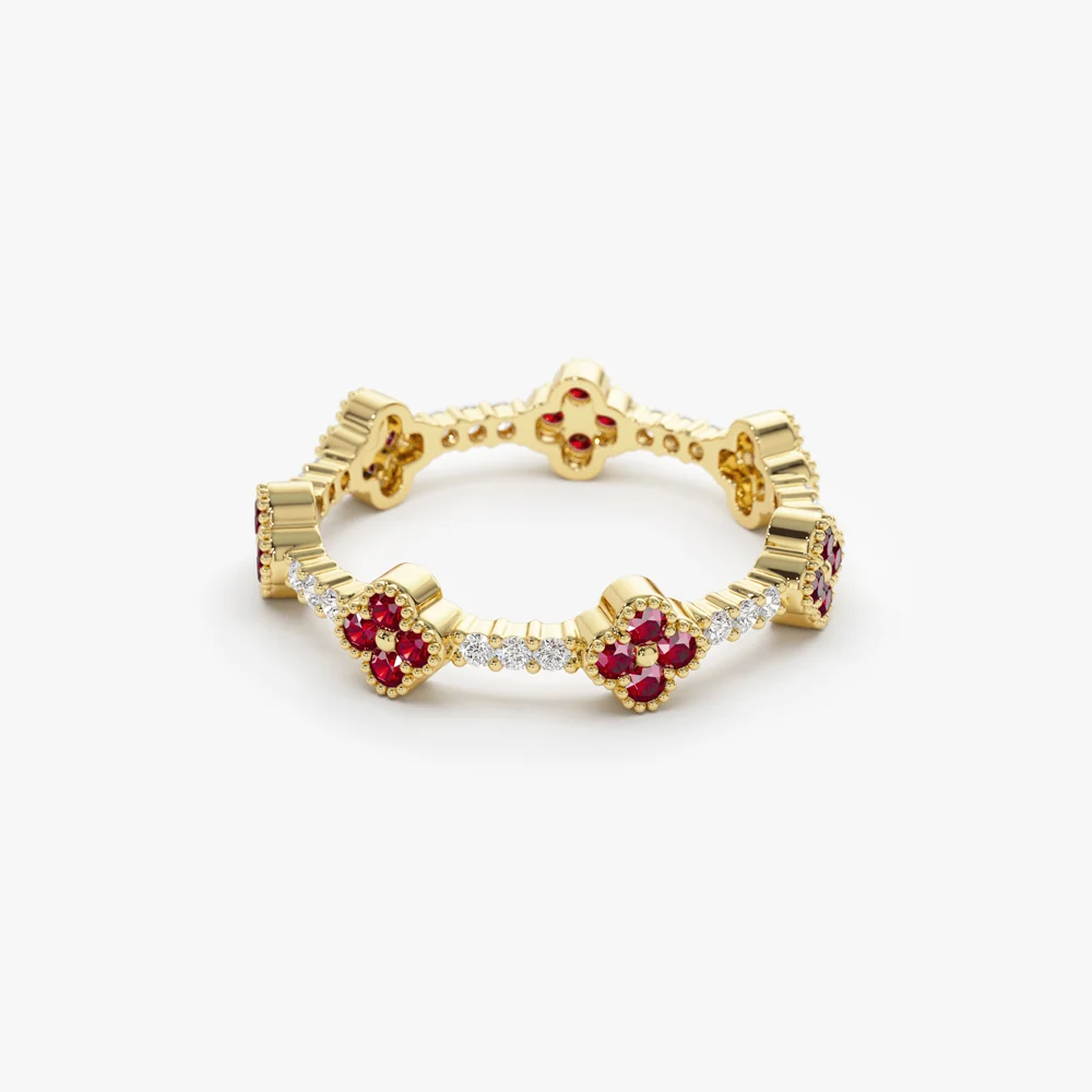 Full Eternity Clover Ruby and Diamond Ring in 14k Gold - Image 9